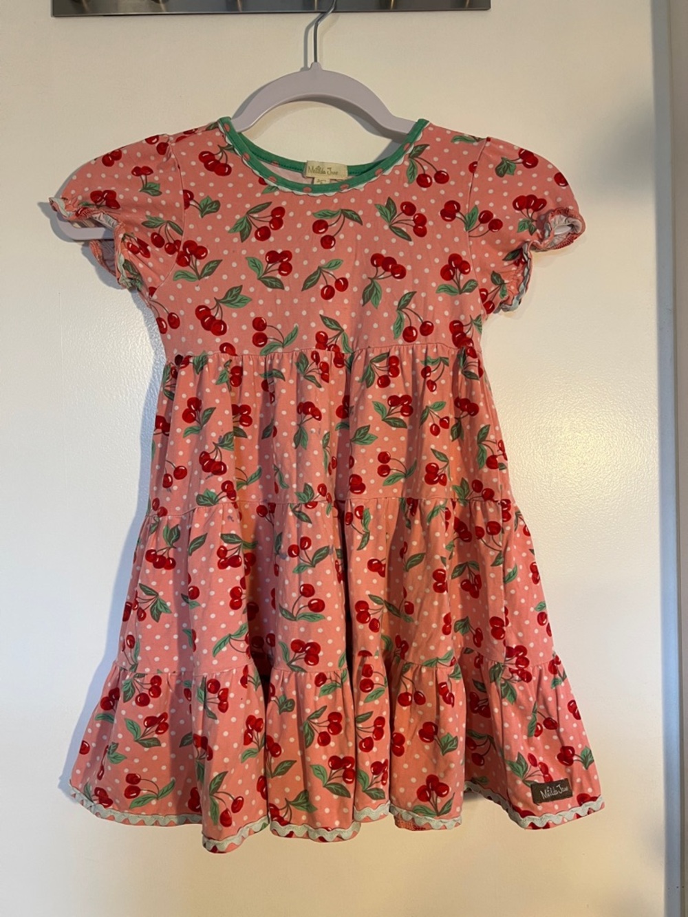 Matilda Jane Pink Cherry Print Tiered Dress with Green Trim